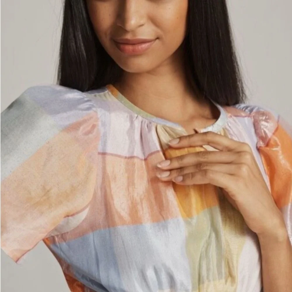 Anthropologie Pastel Stripe Mini Dress in Peach, Yellow & Blue - Picture 2 of 13